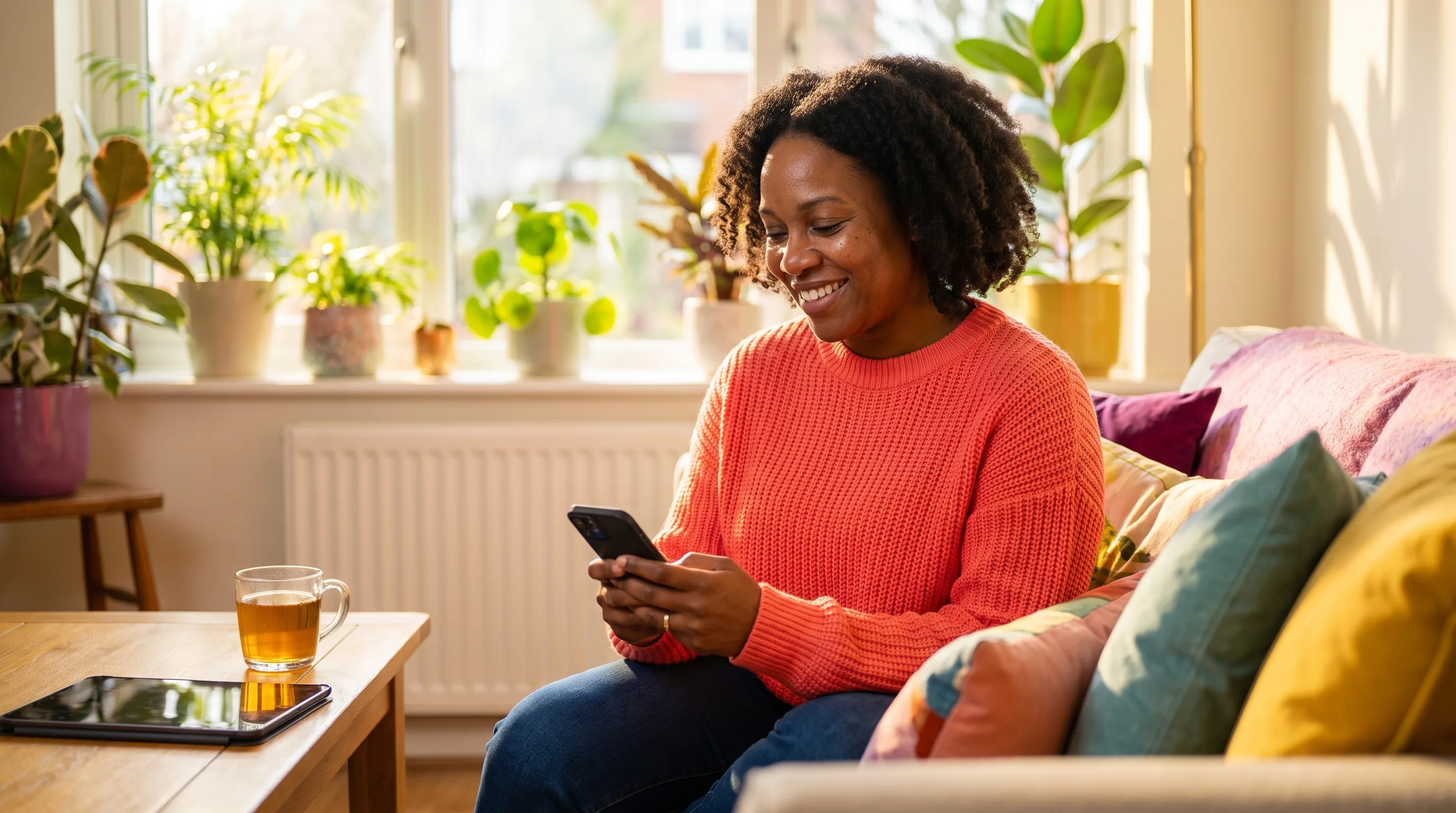 A warm, happy, colorful photo of a healthy woman in her thirties smiling at her phone in a sunlit living room, comfortable managing her care from home.
