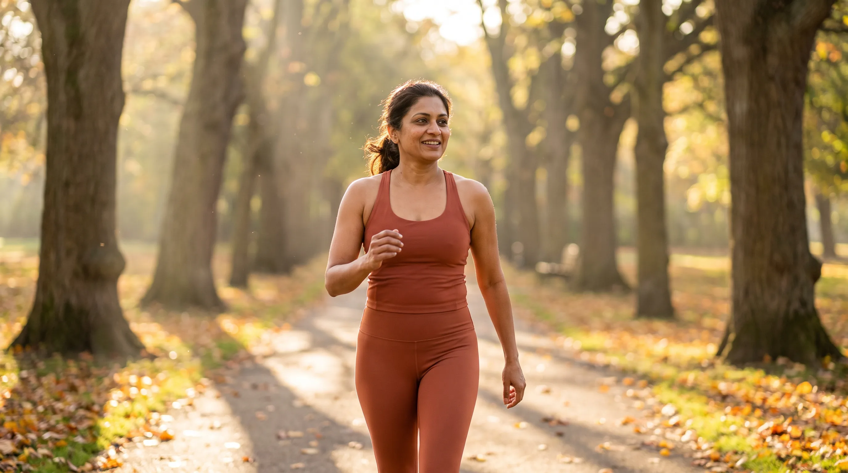 A woman in her 40s in athletic wear walking briskly on a tree-lined path in morning light, relaxed and energized