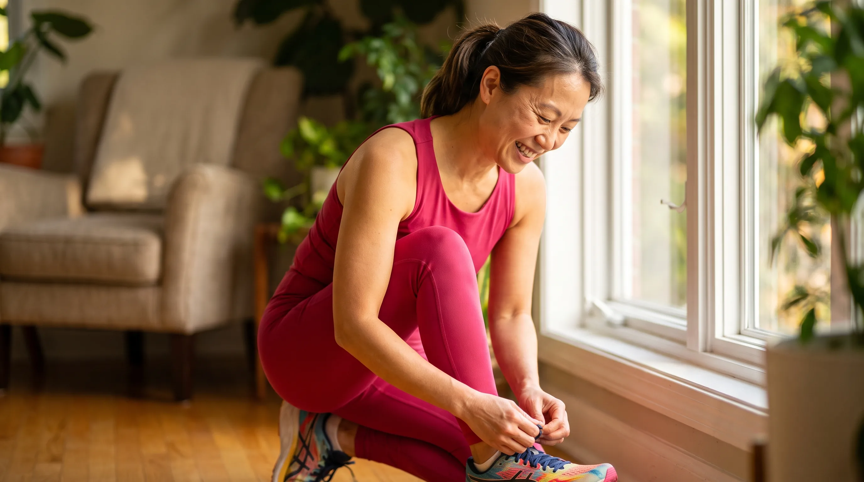 A woman in her 40s in workout clothes lacing up her sneakers by a sunlit window before a morning walk