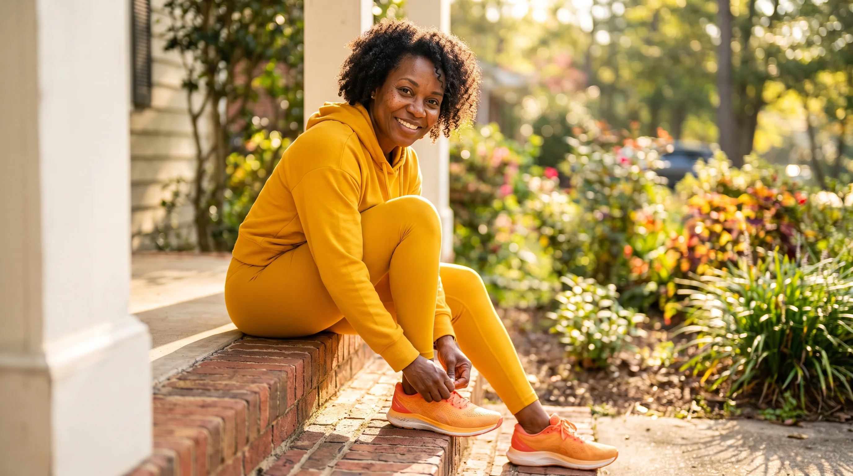 A woman in her forties in athletic wear laces up her walking shoes on a sunlit front step, ready for a brisk morning walk