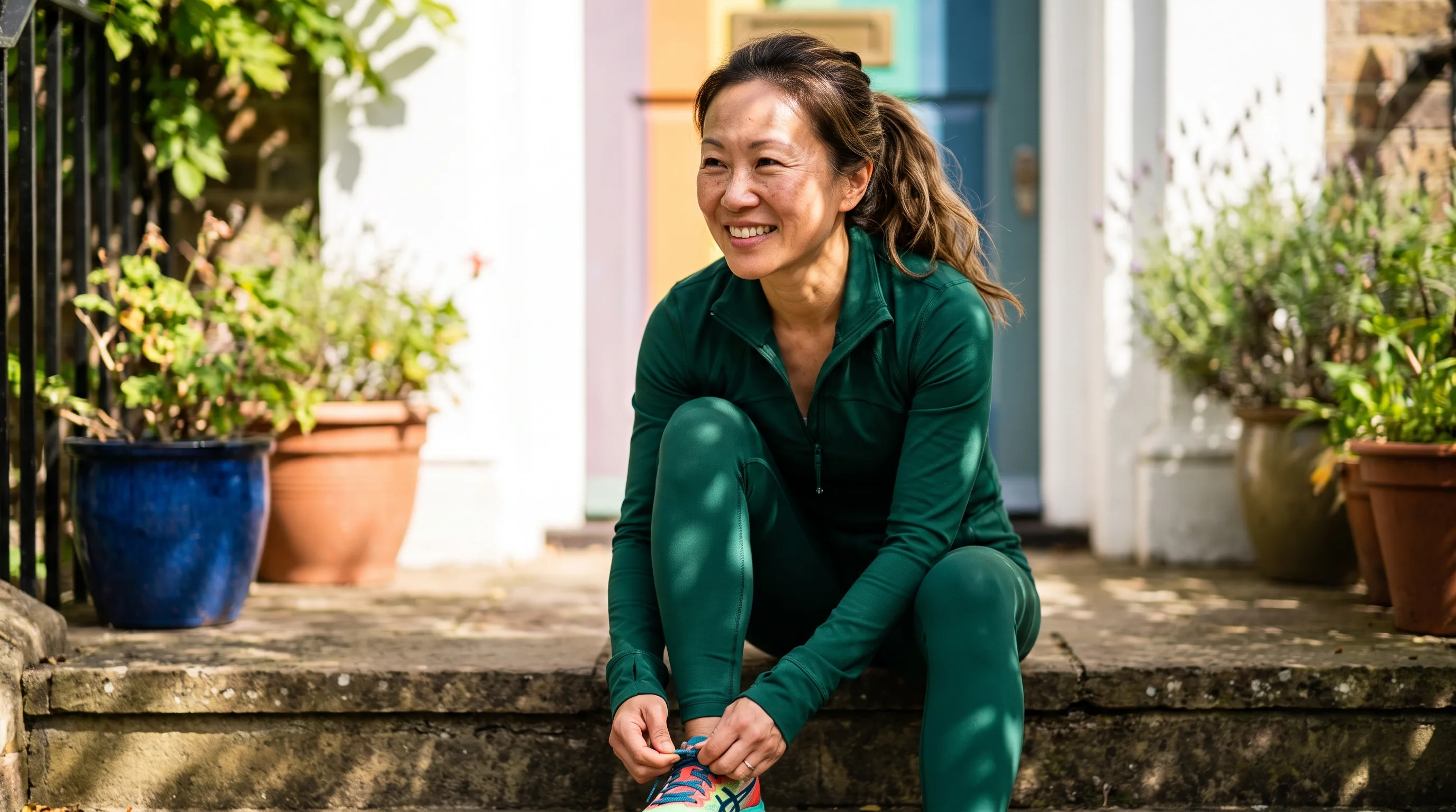 A woman in her forties in workout clothes lacing her running shoes on a bright doorstep, ready for a brisk morning walk