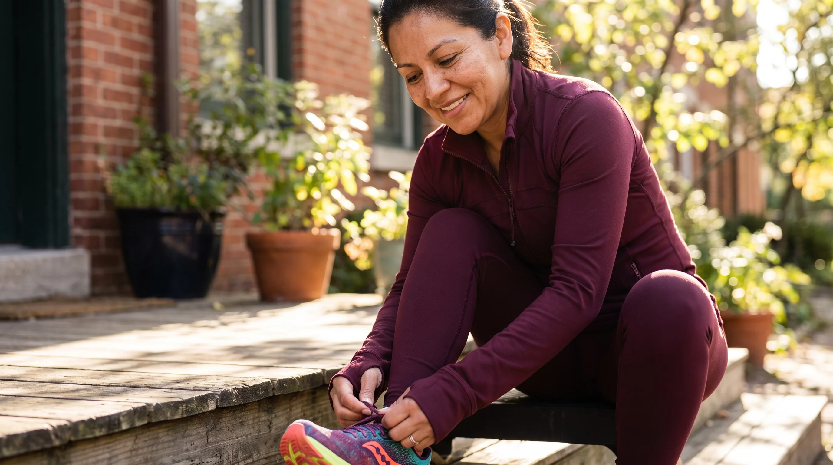 A woman in her forties in workout clothes lacing her running shoes on a bright doorstep, ready for a brisk morning walk