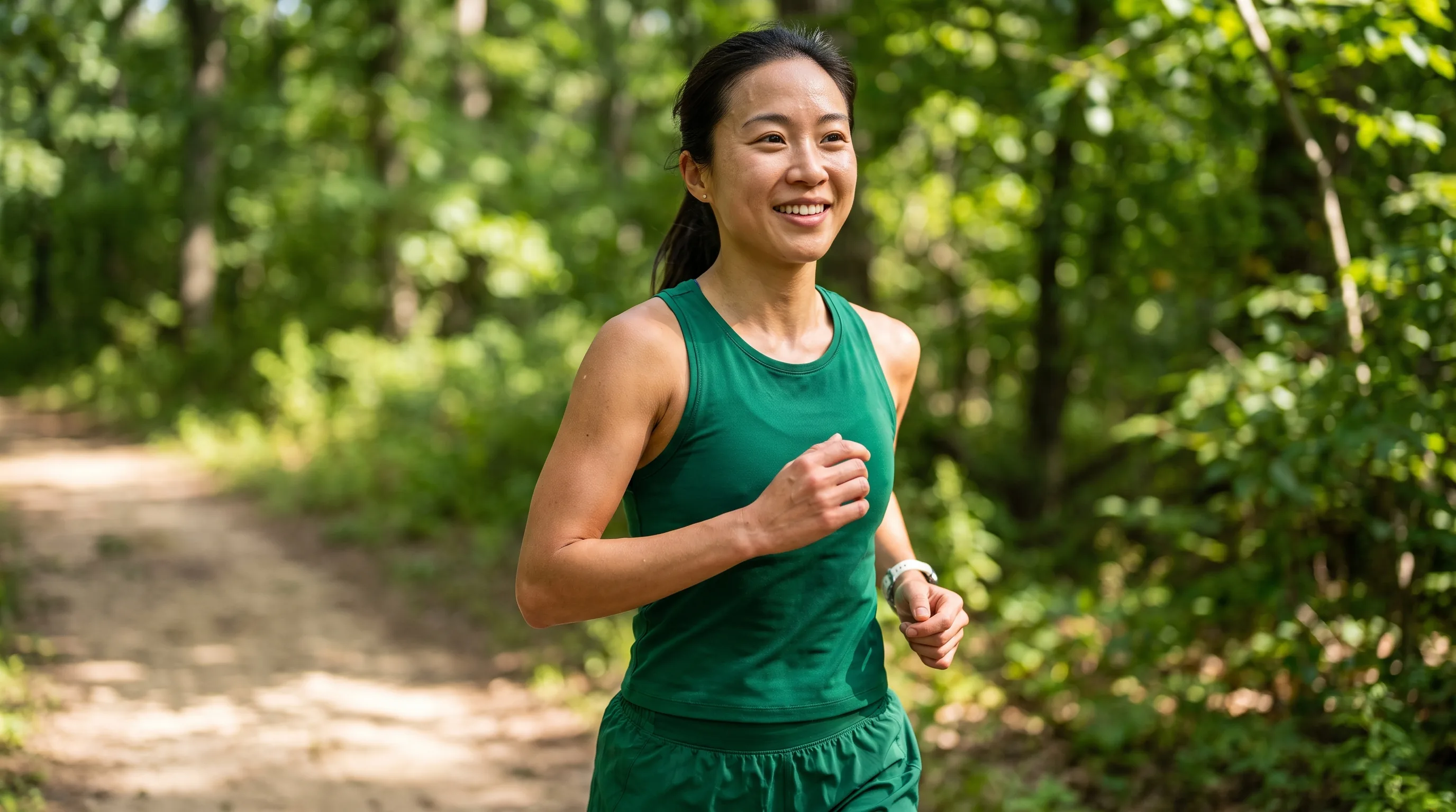 A lean, athletic woman in their 20s running on a trail