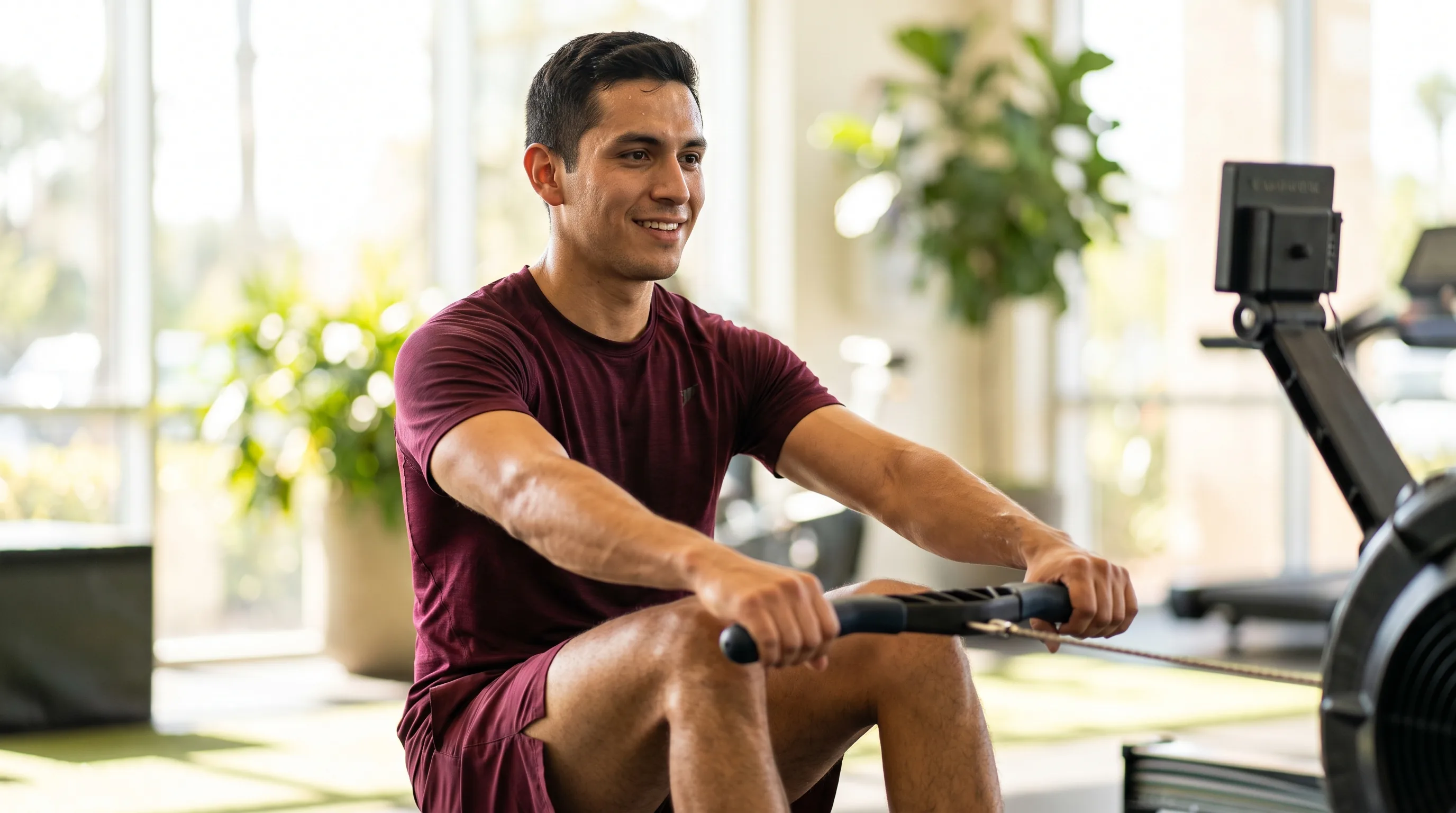 A lean, athletic man in their 20s rowing on an erg machine