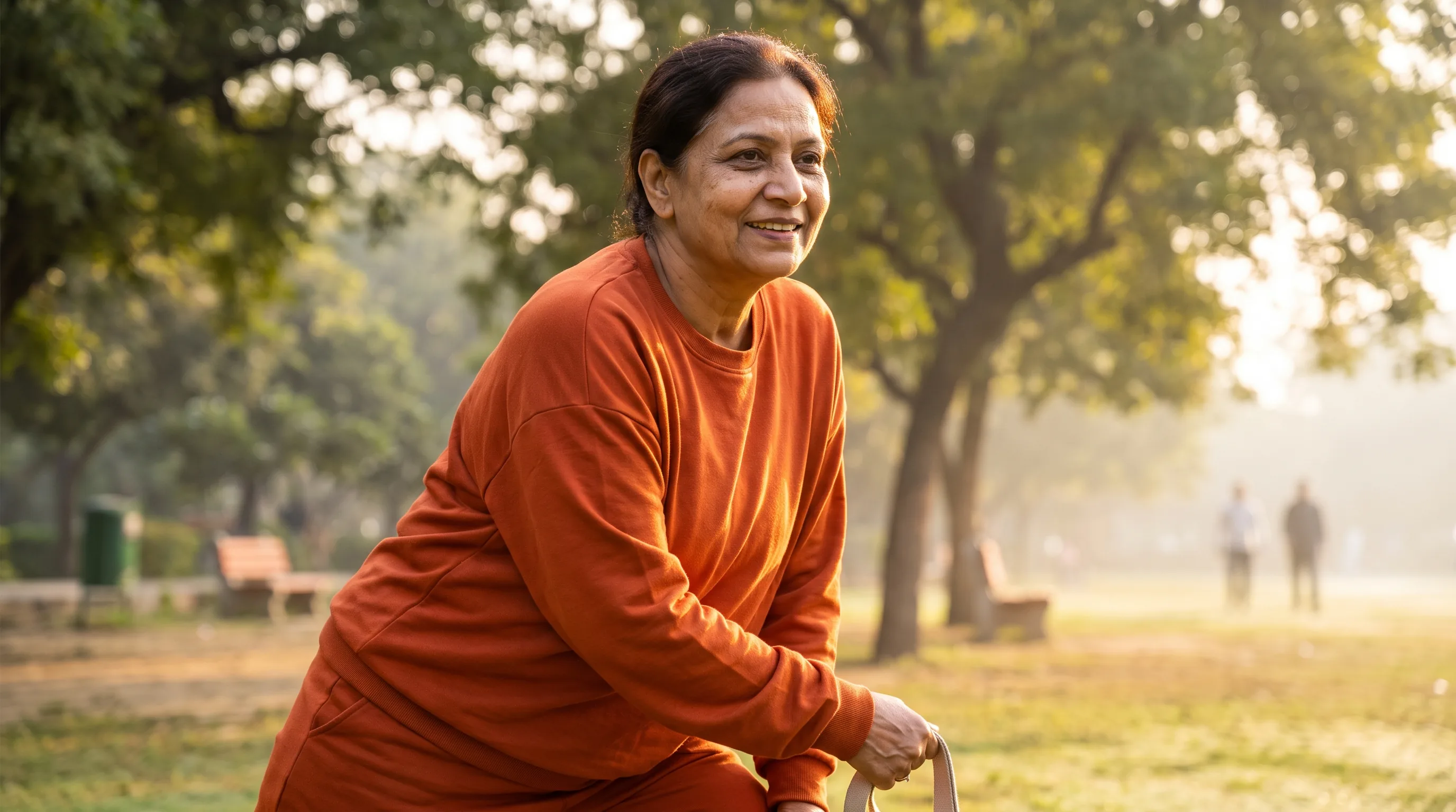 A vital woman in her early 60s stretching at sunrise in a quiet park, calm, healthy, and full of energy