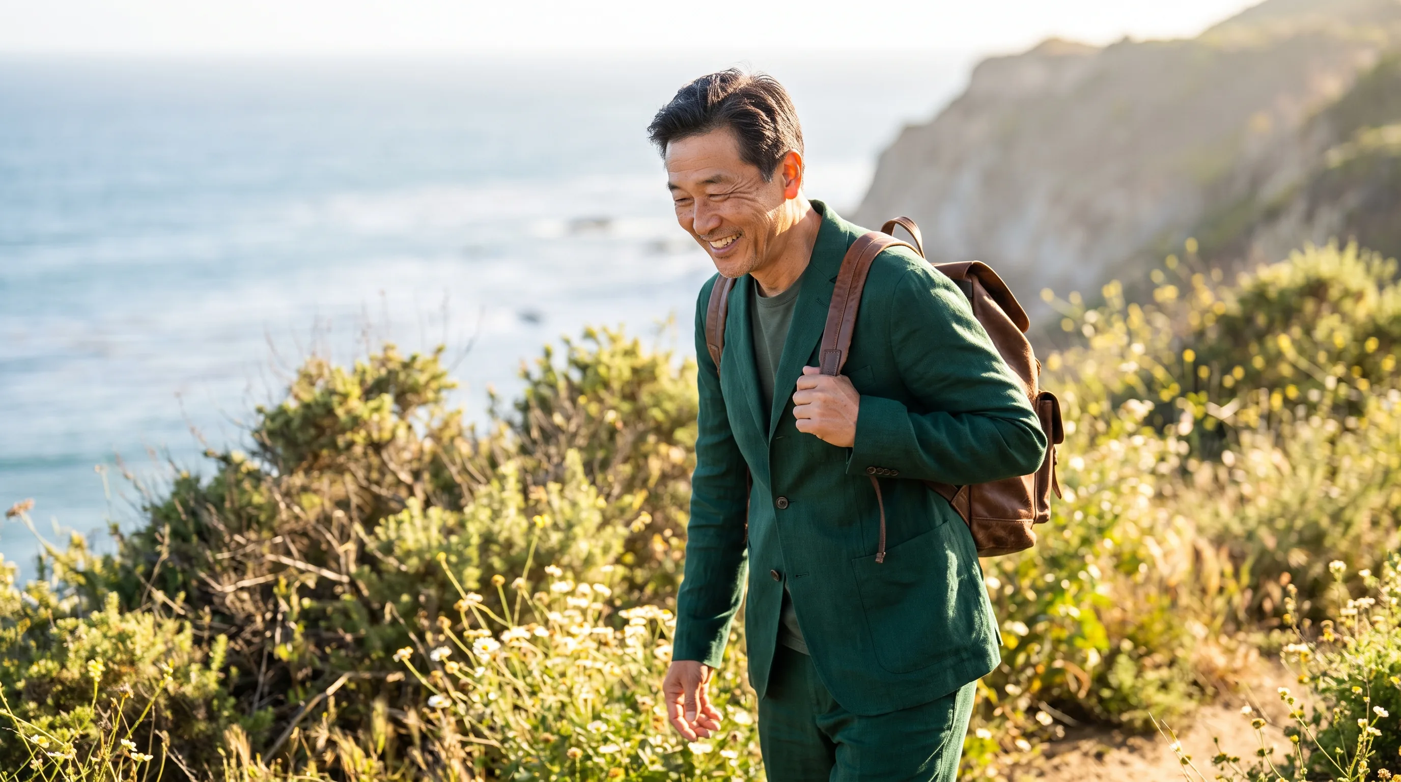 A vital, active man in his late 50s walking a sunlit coastal trail on a bright morning, relaxed and energized