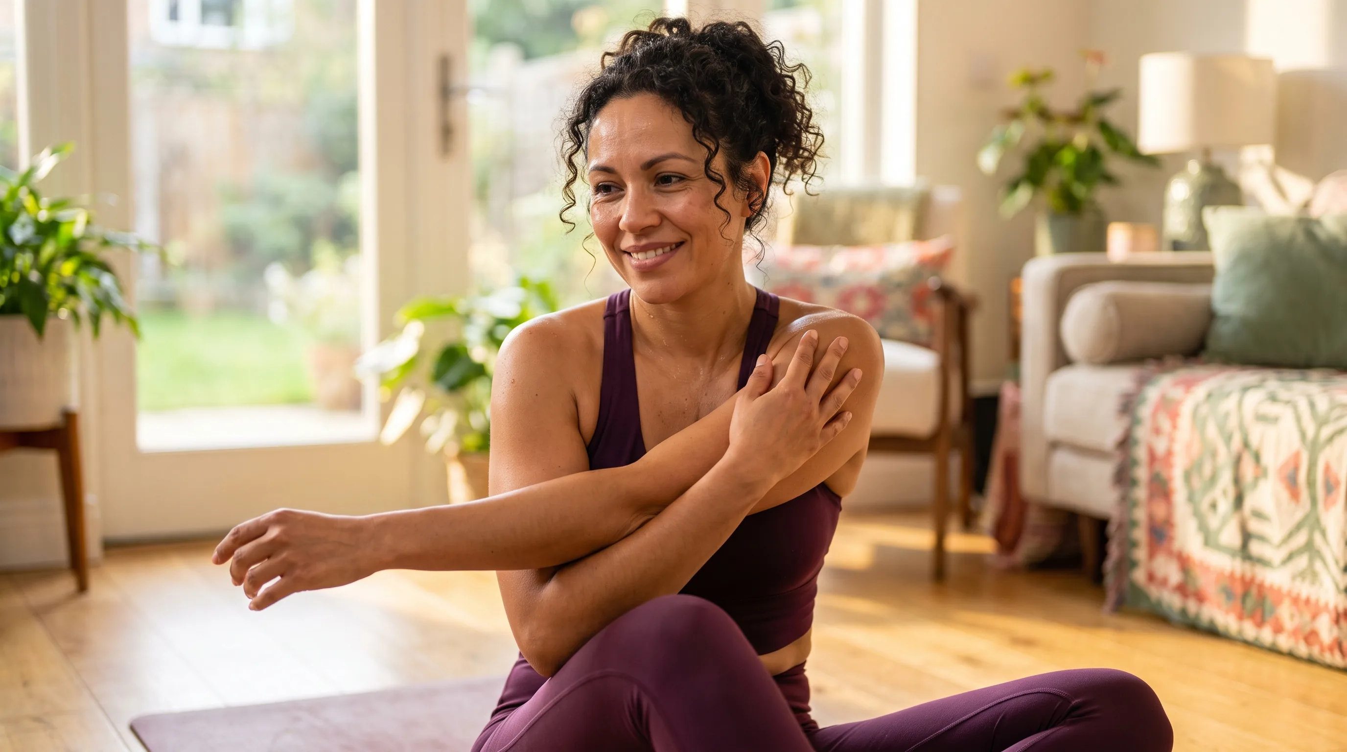 A fit adult around 30 in athletic wear doing calm mobility work on a mat, gently stretching a recovering shoulder in soft morning light