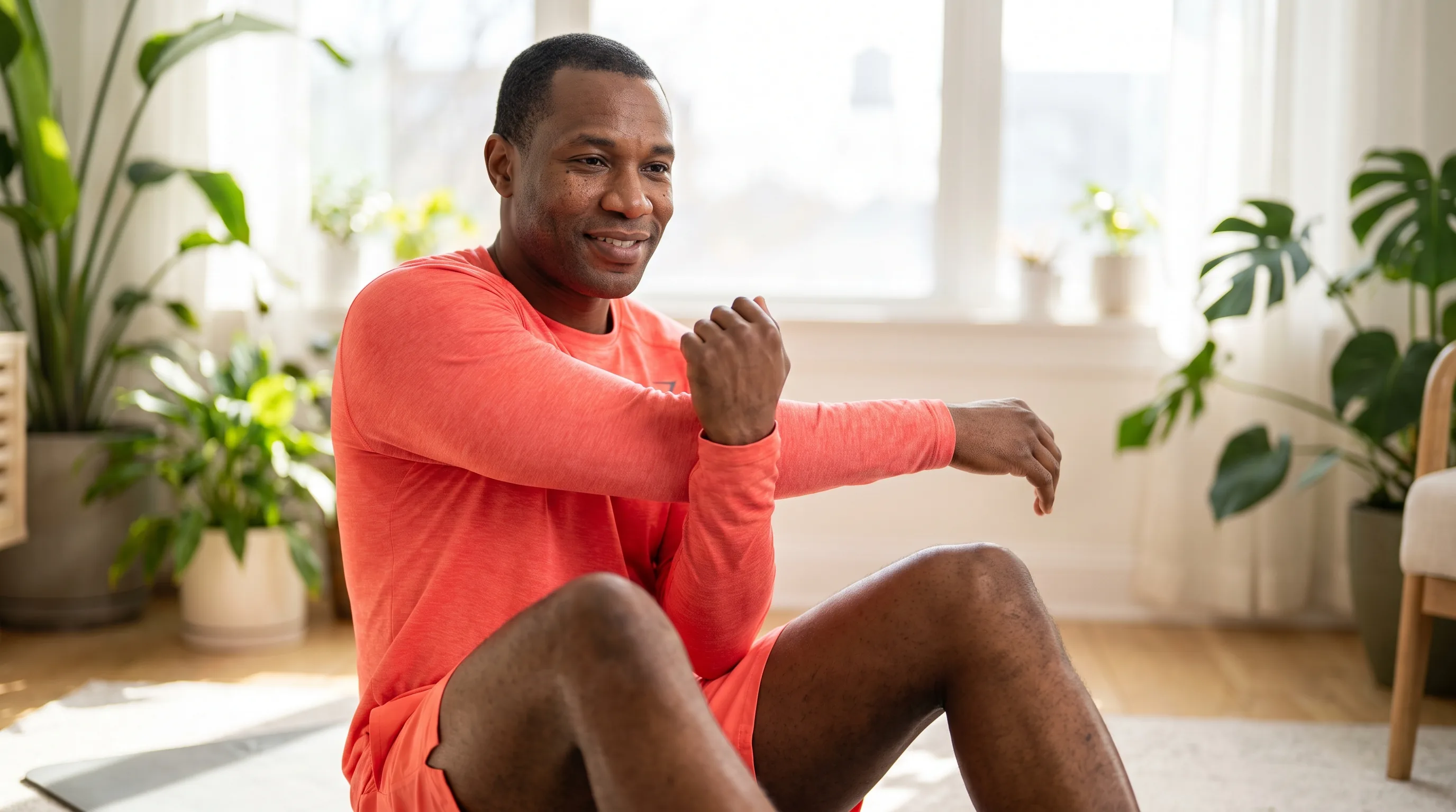 A fit adult around 30 in athletic wear doing calm mobility work on a mat, gently stretching a recovering shoulder in soft morning light