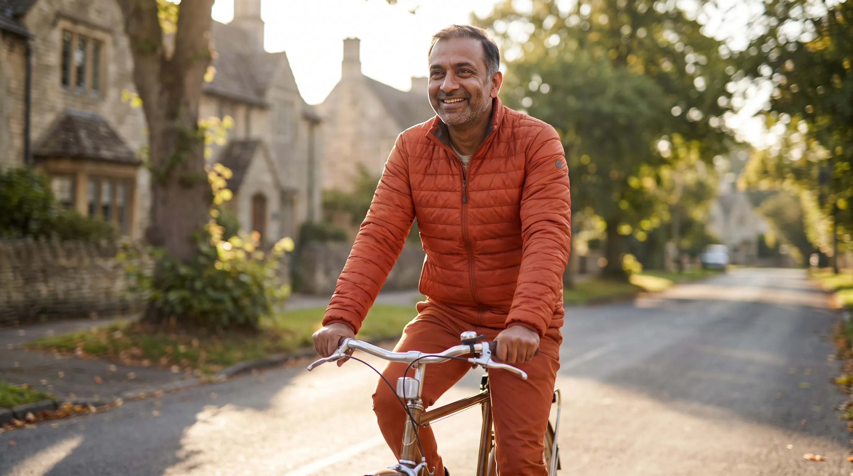 A man cycling on a quiet street in soft morning light