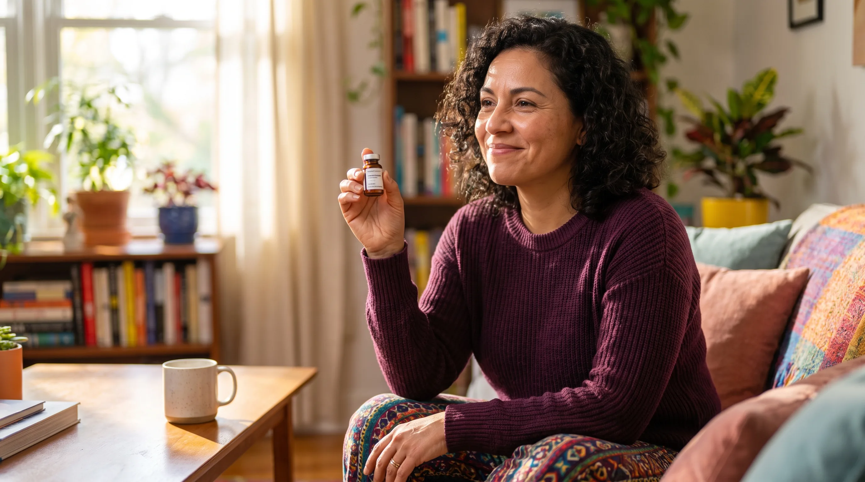 A healthy adult holding a pru compounded peptide at home, relaxed and content