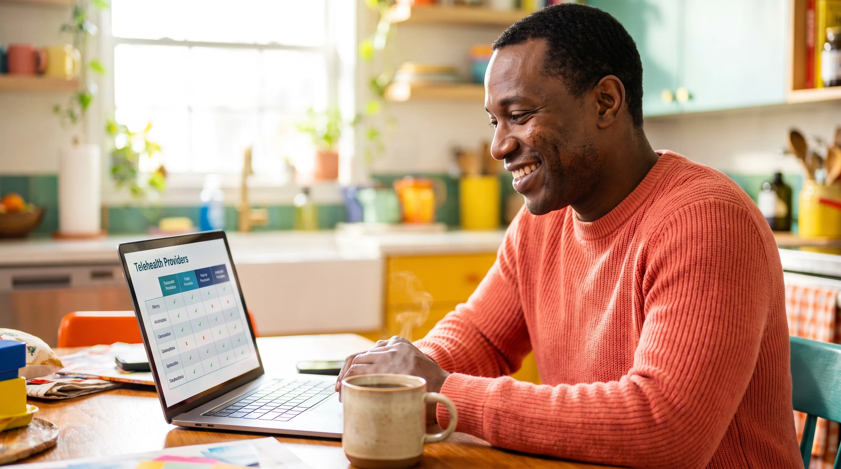 A warm, happy, healthy adult smiling with a coffee at a bright kitchen table, comparing telehealth options on a laptop