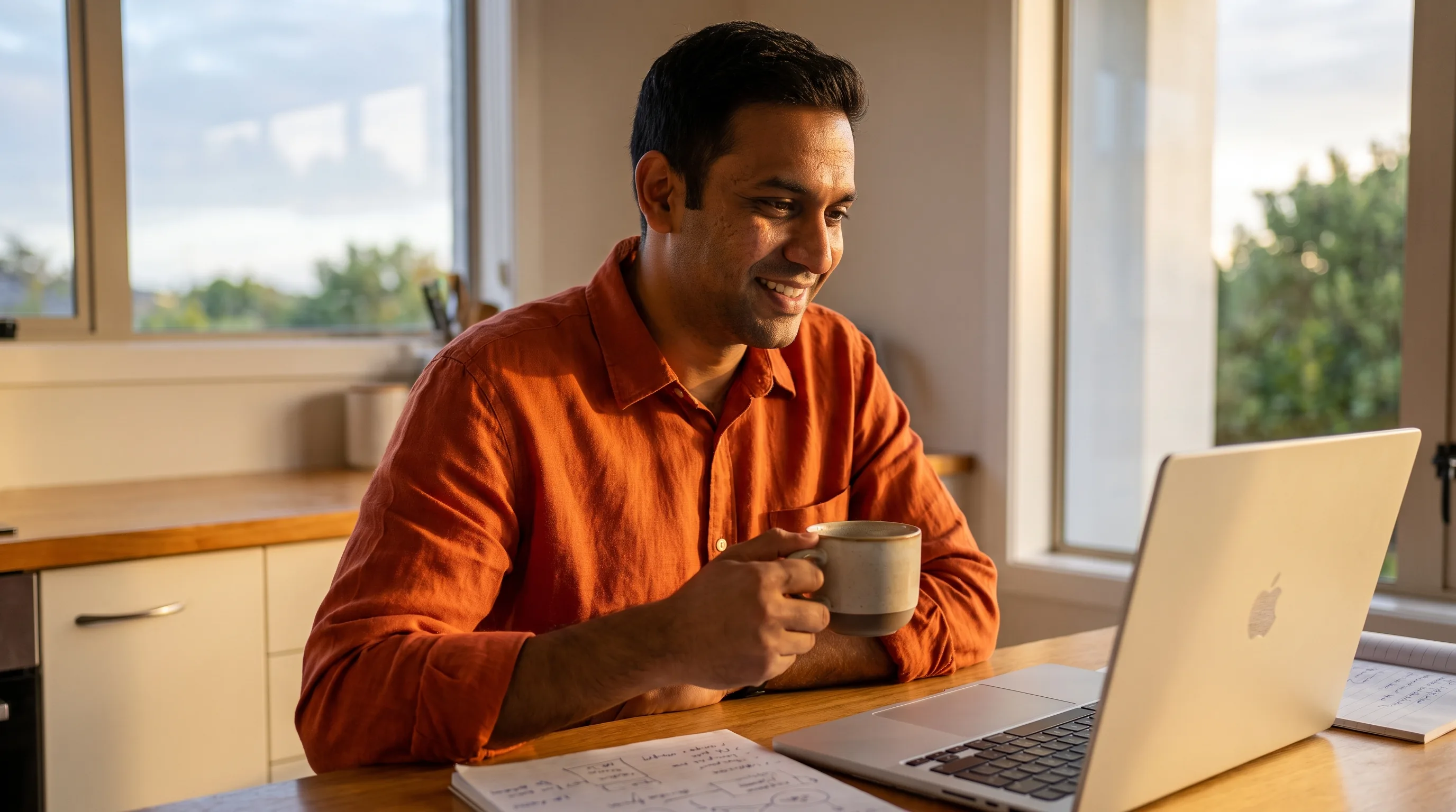 A calm adult at a kitchen table at dawn with a coffee and an open laptop, working out a steadier plan after the supplier they relied on went quiet