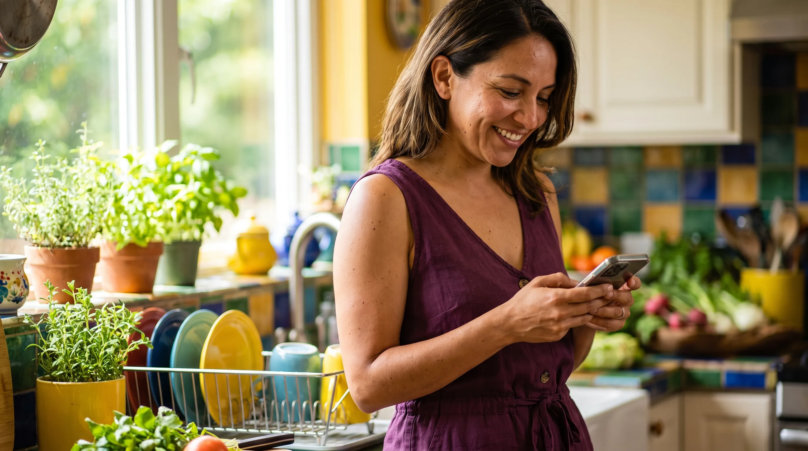A cheerful, healthy woman in a sunlit kitchen smiling as she compares her options on a phone, bright and colorful