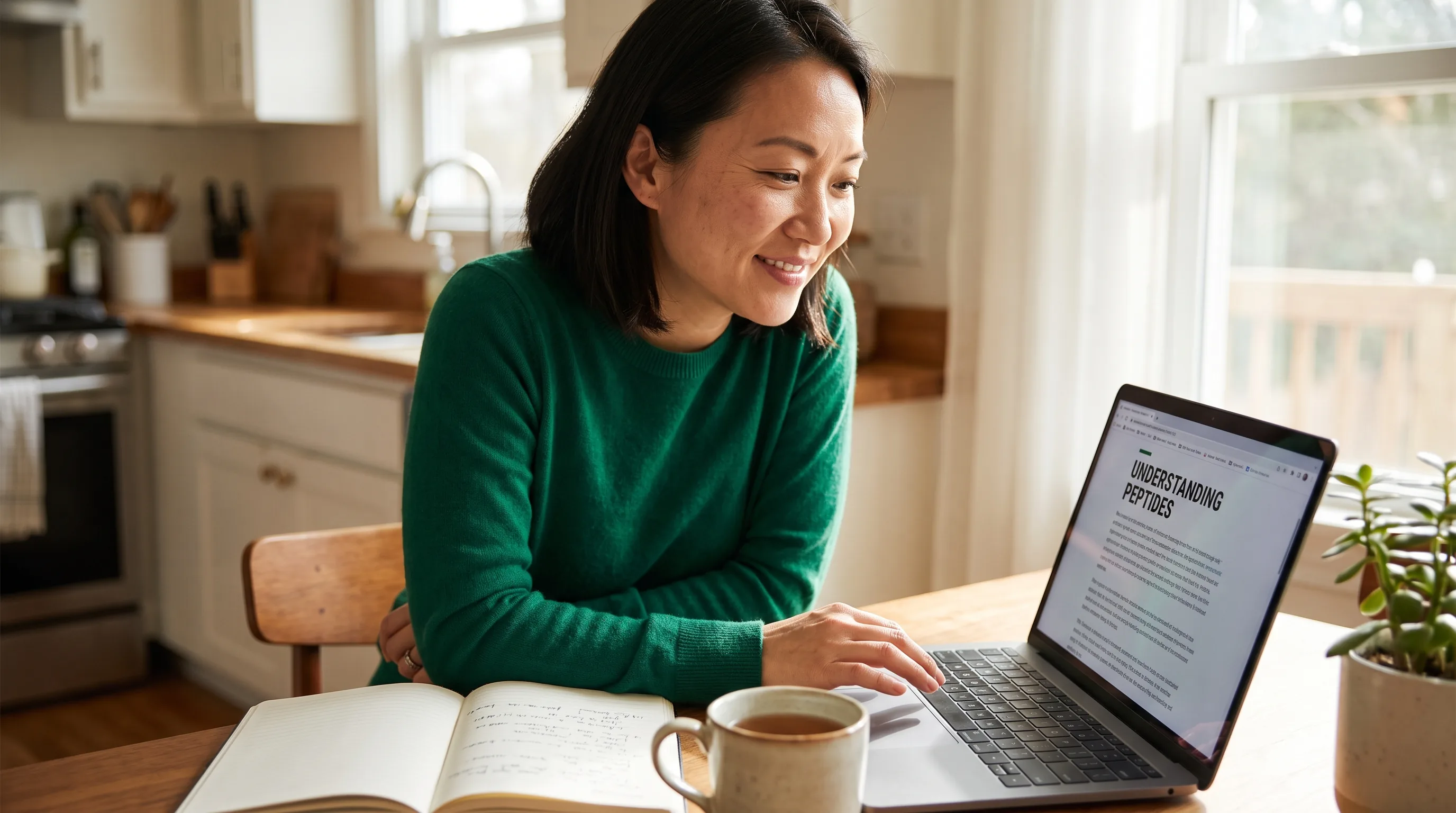 A thoughtful woman in her late thirties reading about peptides on a laptop at a sunlit kitchen table, a notebook and cup of tea beside her, calm and focused
