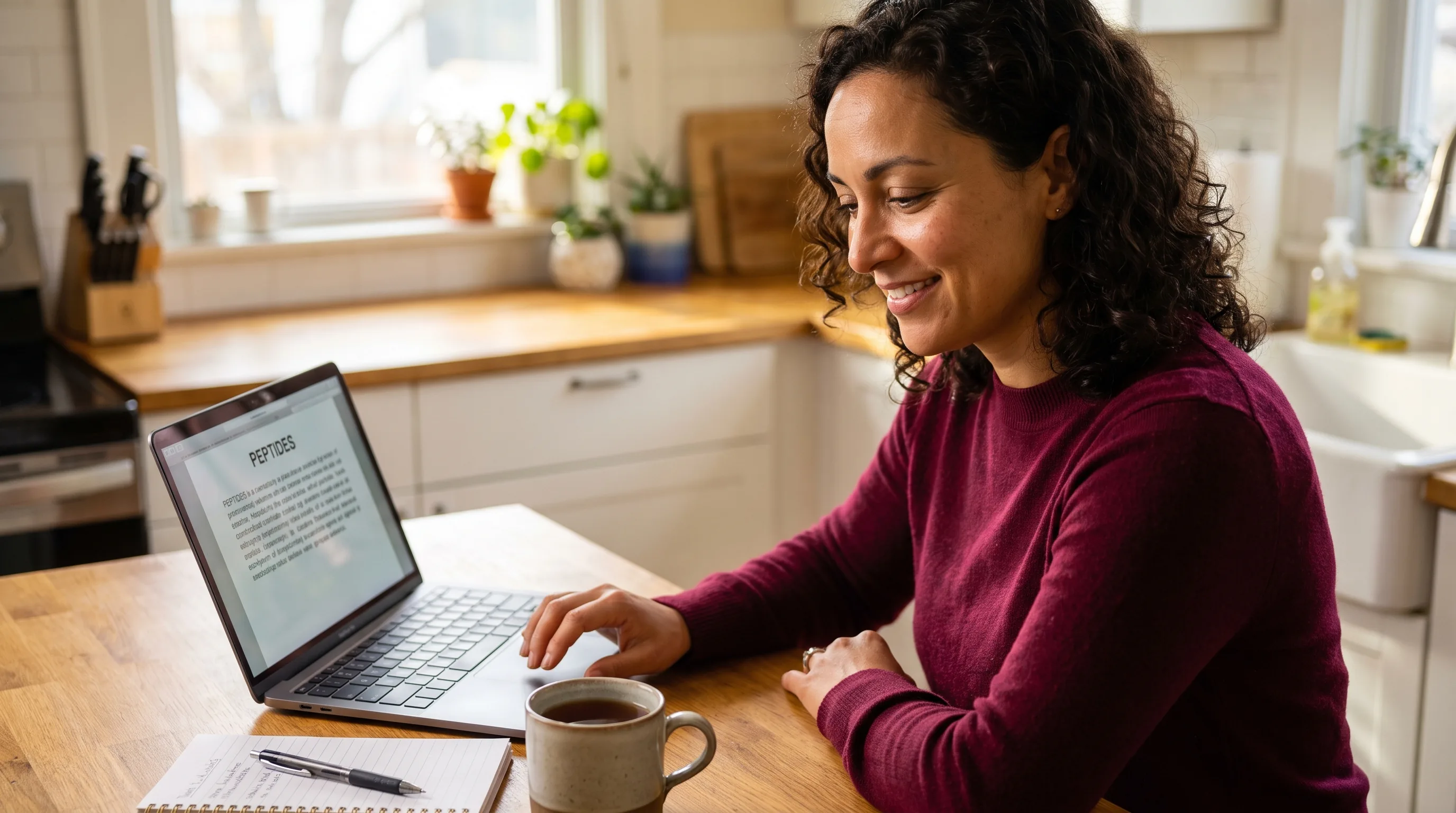 A thoughtful woman in her late thirties reading about peptides on a laptop at a sunlit kitchen table, a notebook and cup of tea beside her, calm and focused