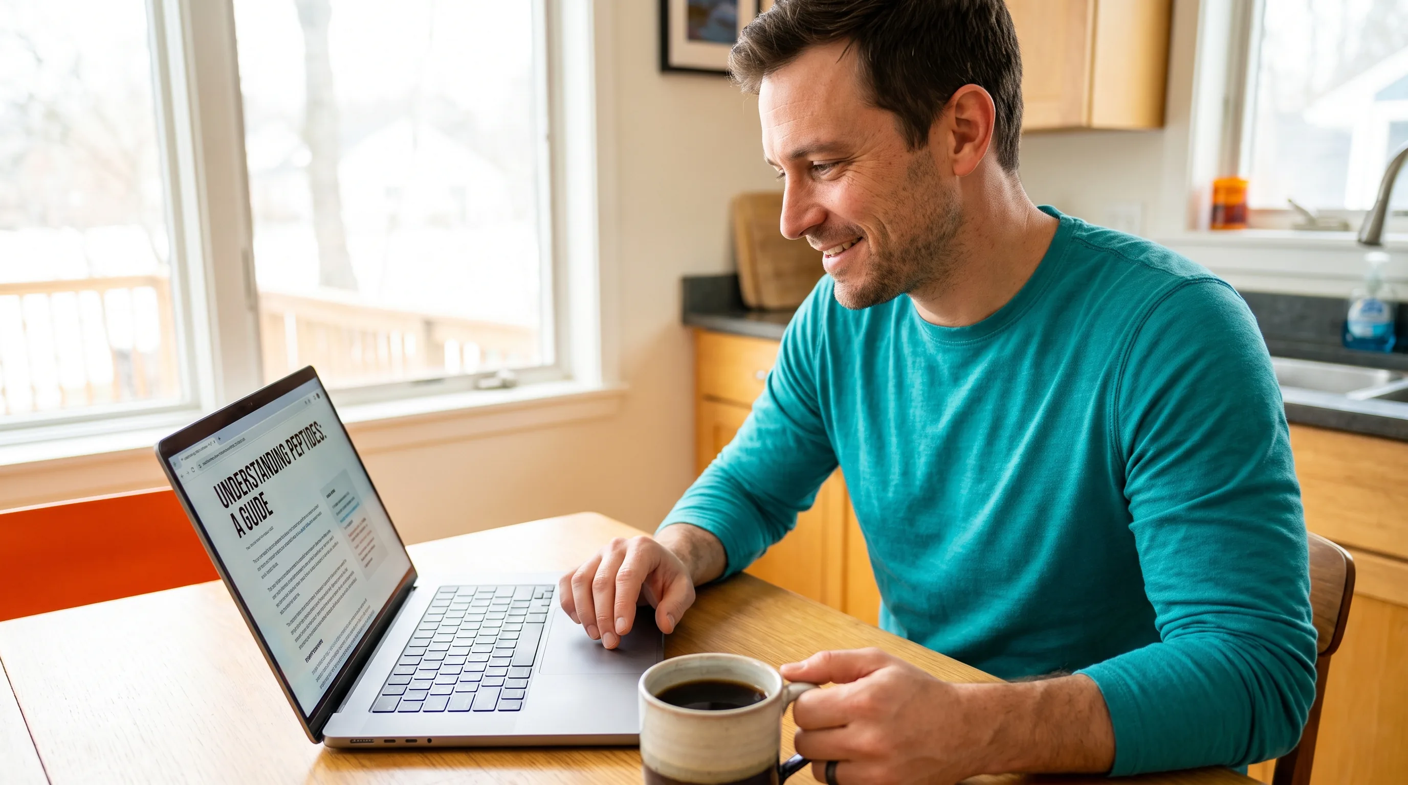 A careful person in their 30s comparing information on a laptop at a tidy kitchen table, morning light, calm and focused