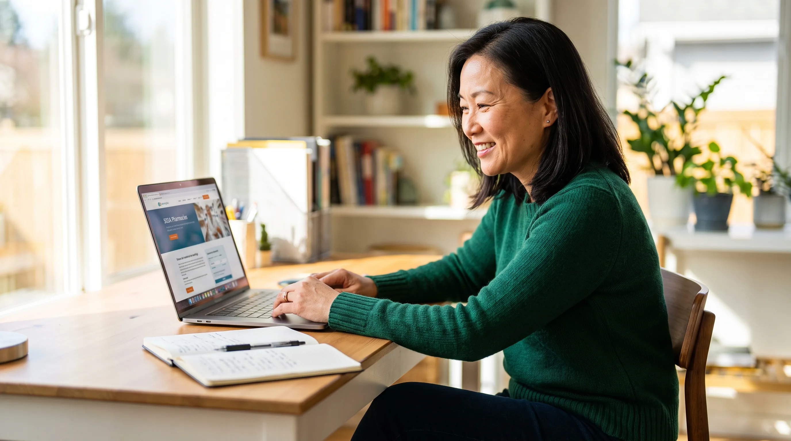 A careful newcomer in her forties researching 503A pharmacies on a laptop at a clean desk, a notebook open beside her, calm and focused.