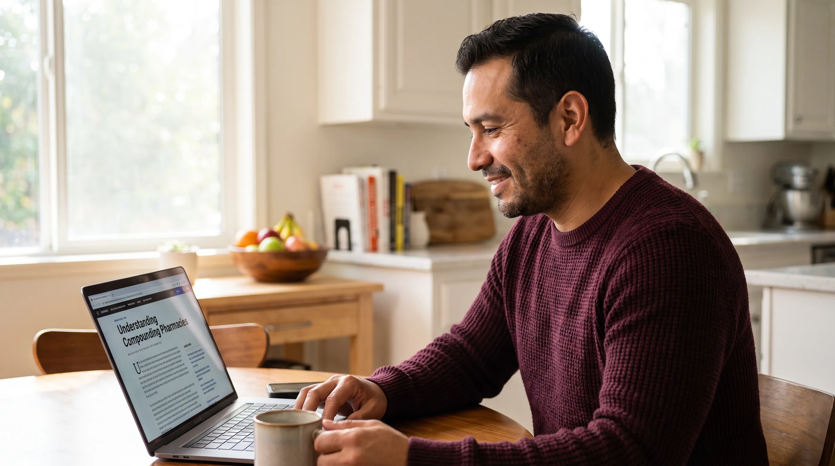 A thoughtful person in their late thirties reading about compounding pharmacies on a laptop at a clean, sunlit kitchen table, calm and focused.