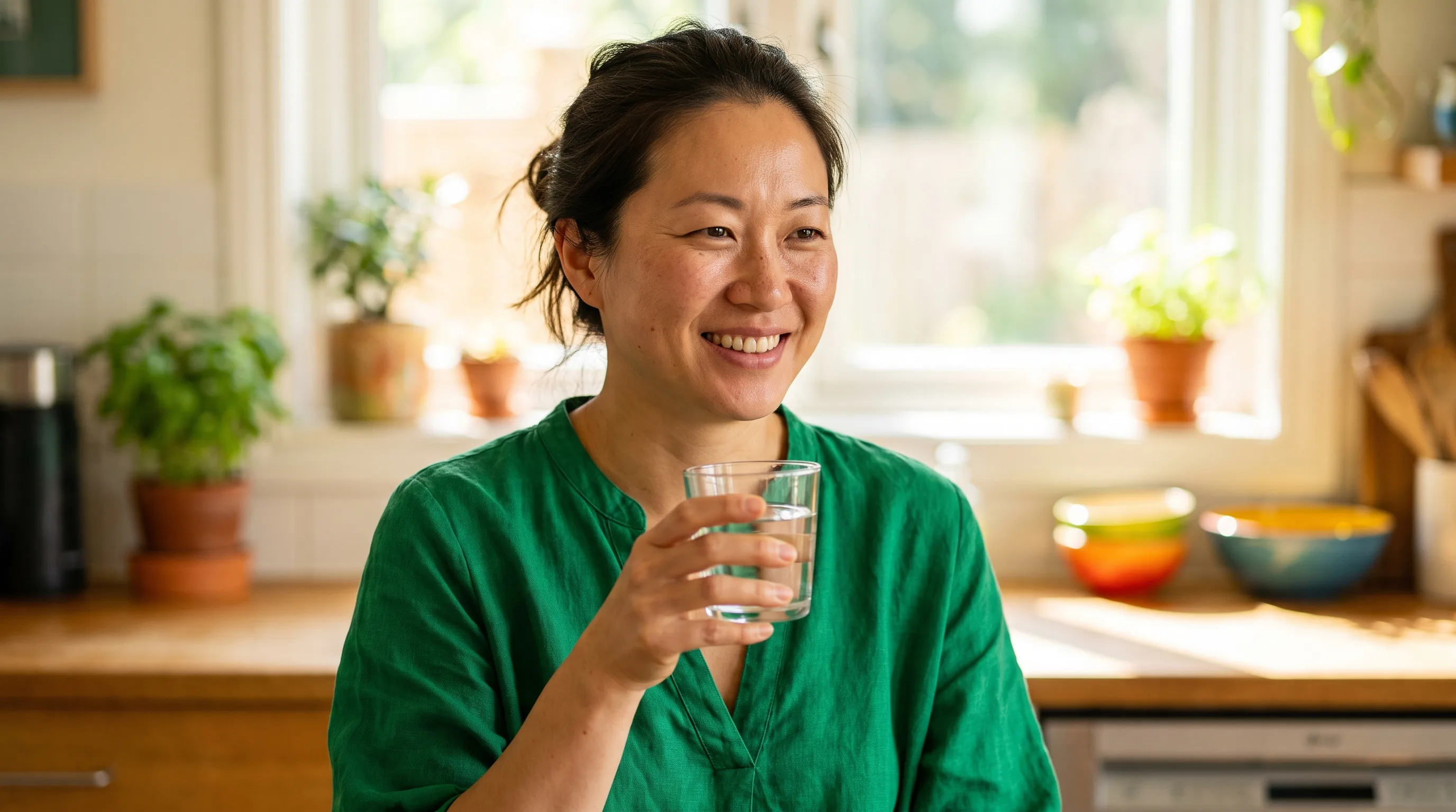 A cheerful, healthy woman in her late thirties smiling in bright natural light in a sunlit kitchen, holding a glass of water, relaxed and well.