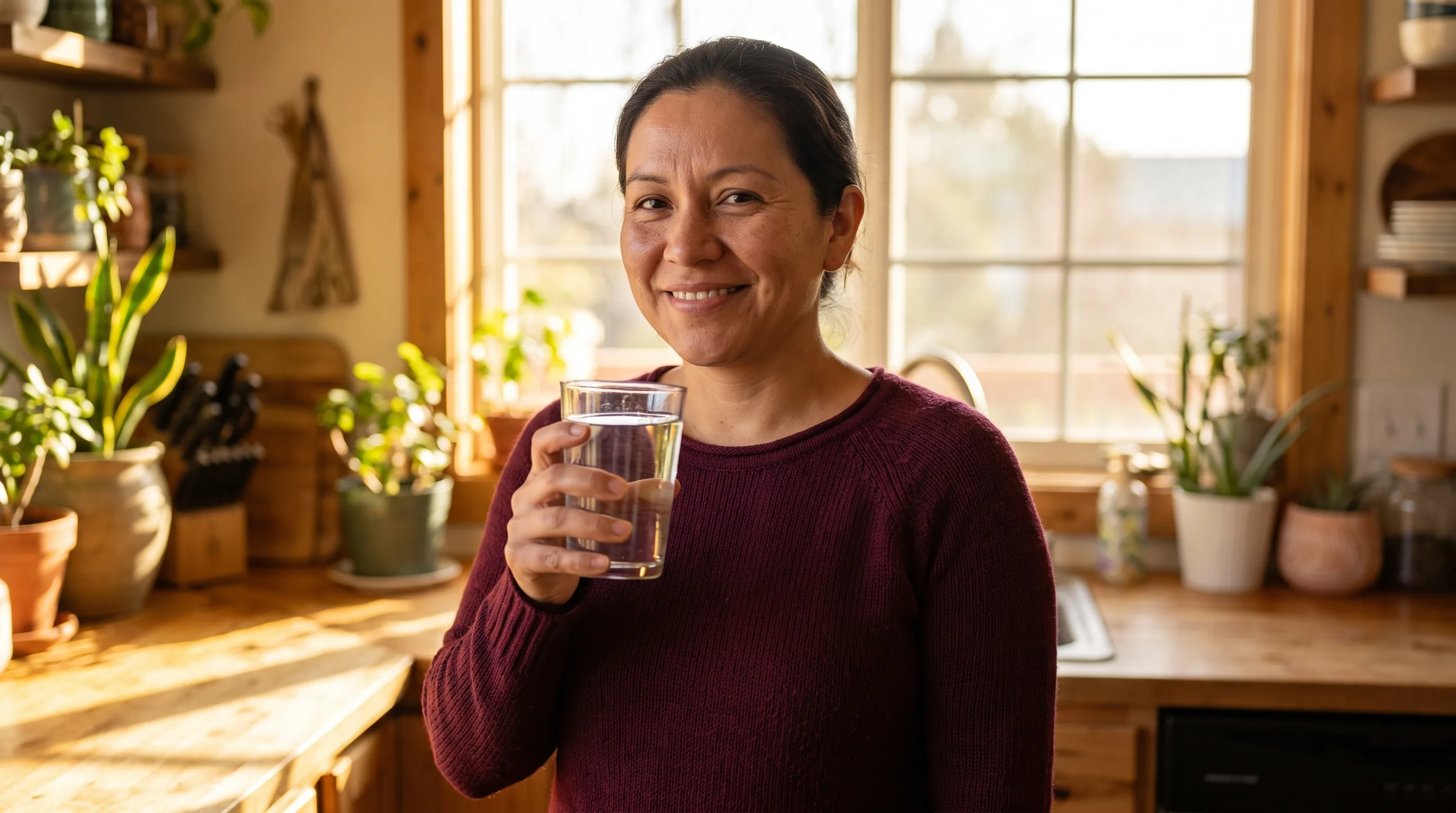 A cheerful, healthy woman in her late thirties smiling in bright natural light in a sunlit kitchen, holding a glass of water, relaxed and well.