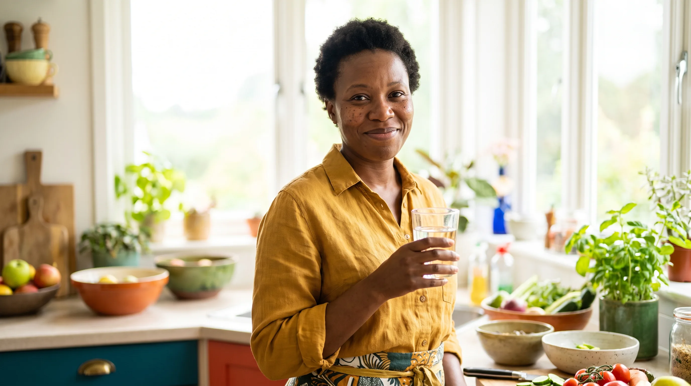 A cheerful woman in her thirties smiling in a bright sunlit kitchen, looking relaxed and healthy with a glass of water