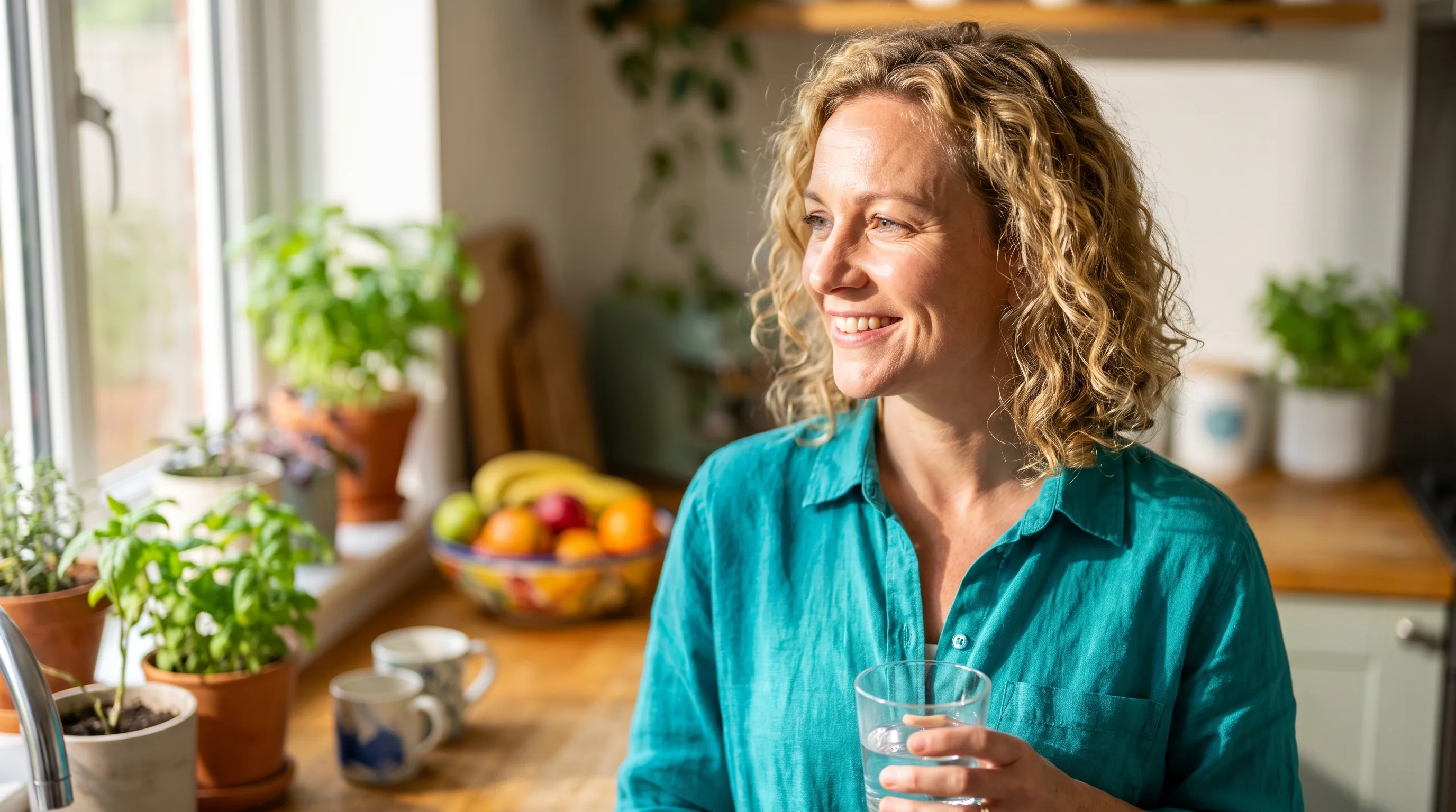 A cheerful woman in her thirties smiling in a bright sunlit kitchen, looking relaxed and healthy with a glass of water