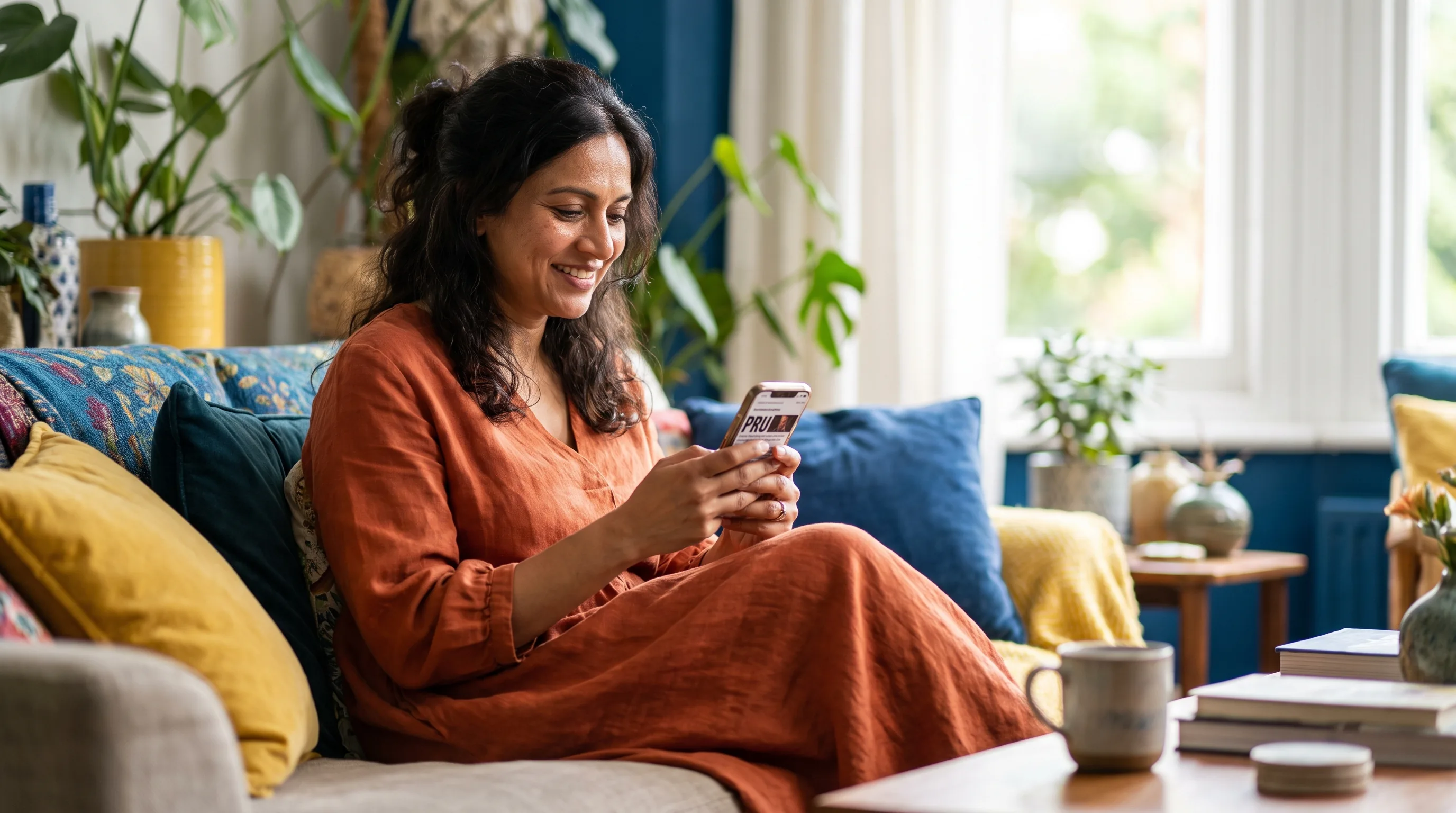 A warm, colorful photo of a healthy, curious woman in her early forties smiling as she reads on her phone in a sunlit living room, learning about pru.