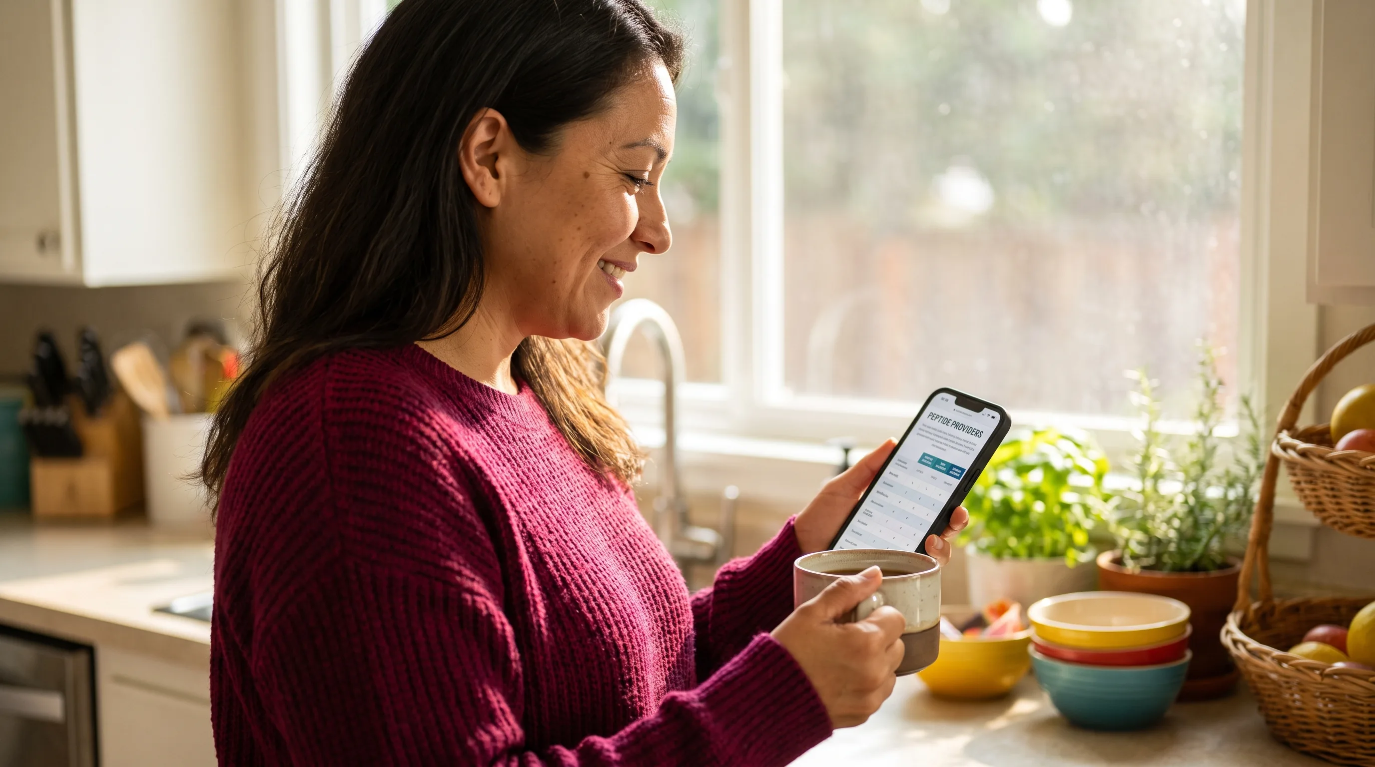 A warm, colorful photo of a healthy woman in her forties smiling in a sunlit kitchen, comparing peptide providers on her phone with a cup of coffee.