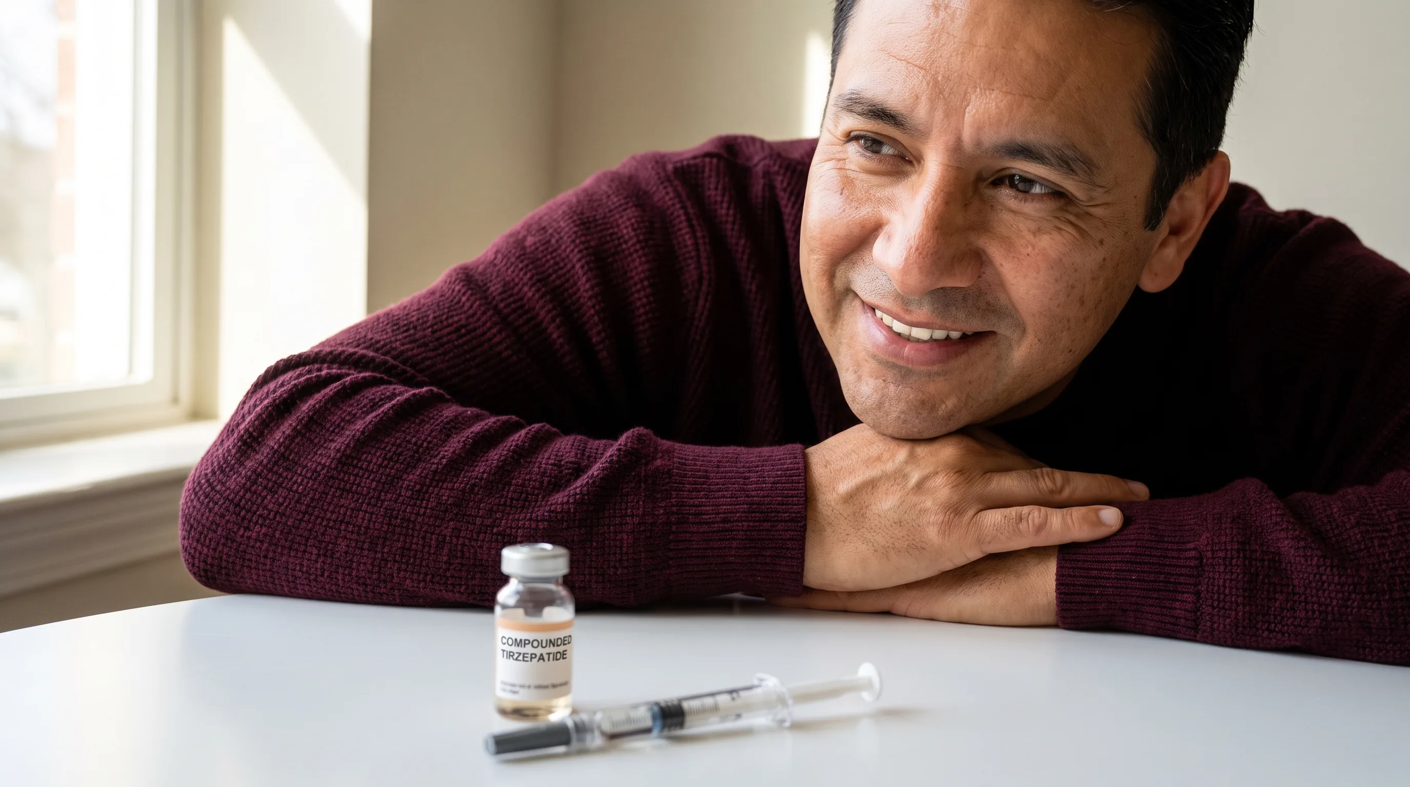 A pru compounded tirzepatide vial and prefilled syringe on a clean white surface