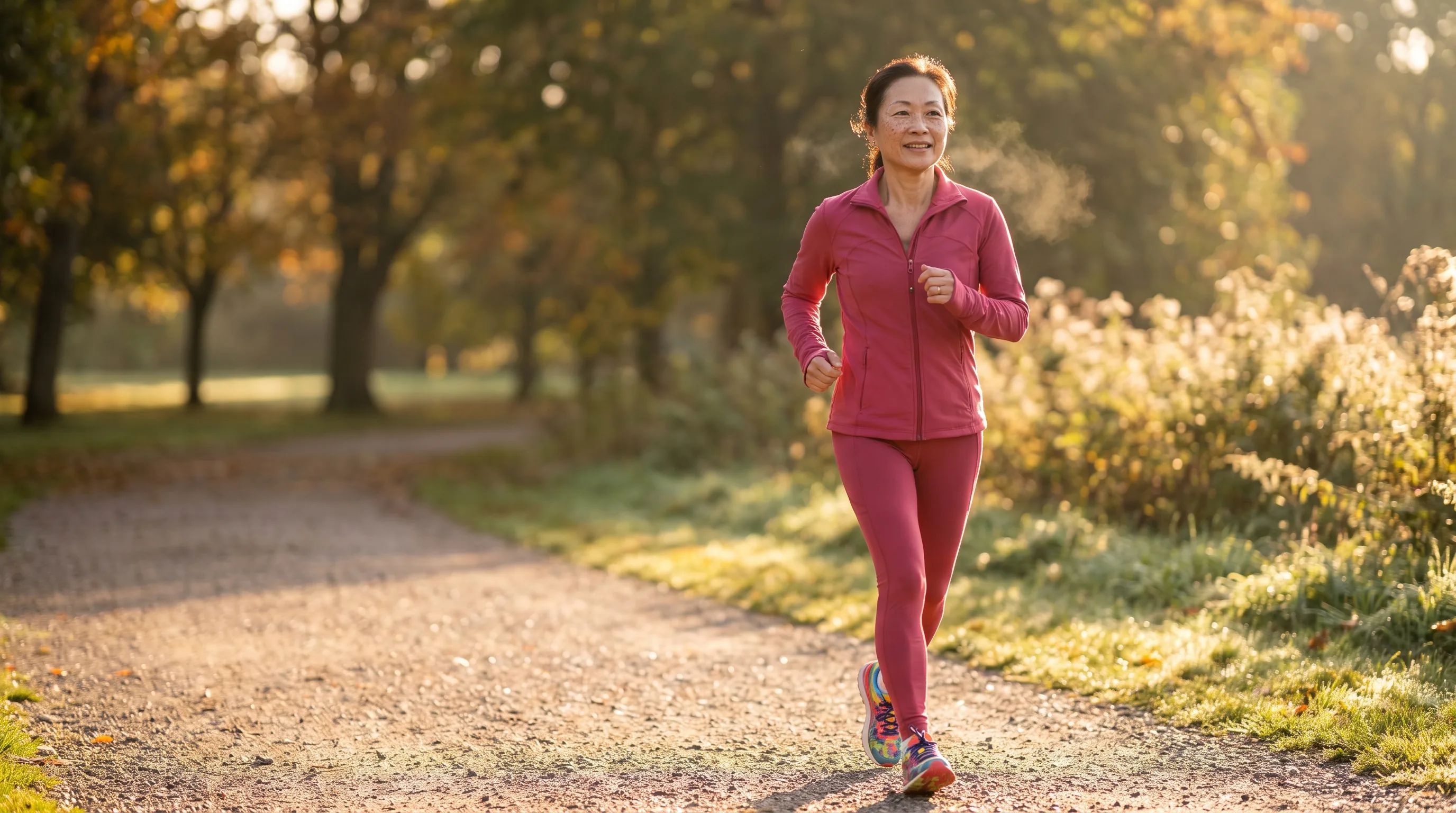 A woman in her late fifties in running shoes on a sunlit park path at dawn, mid-stride and smiling, breathing easily on a brisk morning walk