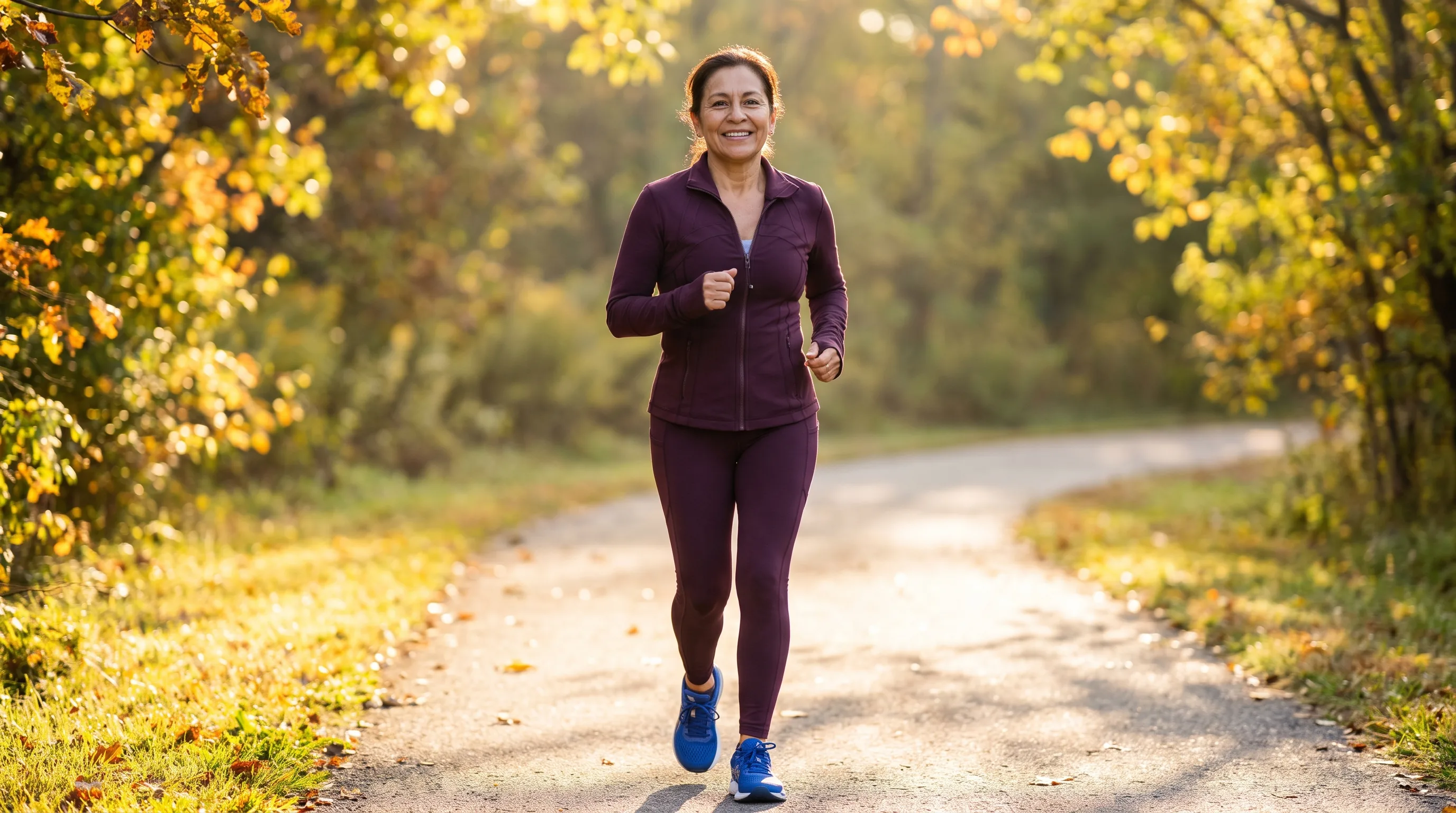 A woman in her late fifties in running shoes on a sunlit park path at dawn, mid-stride and smiling, breathing easily on a brisk morning walk