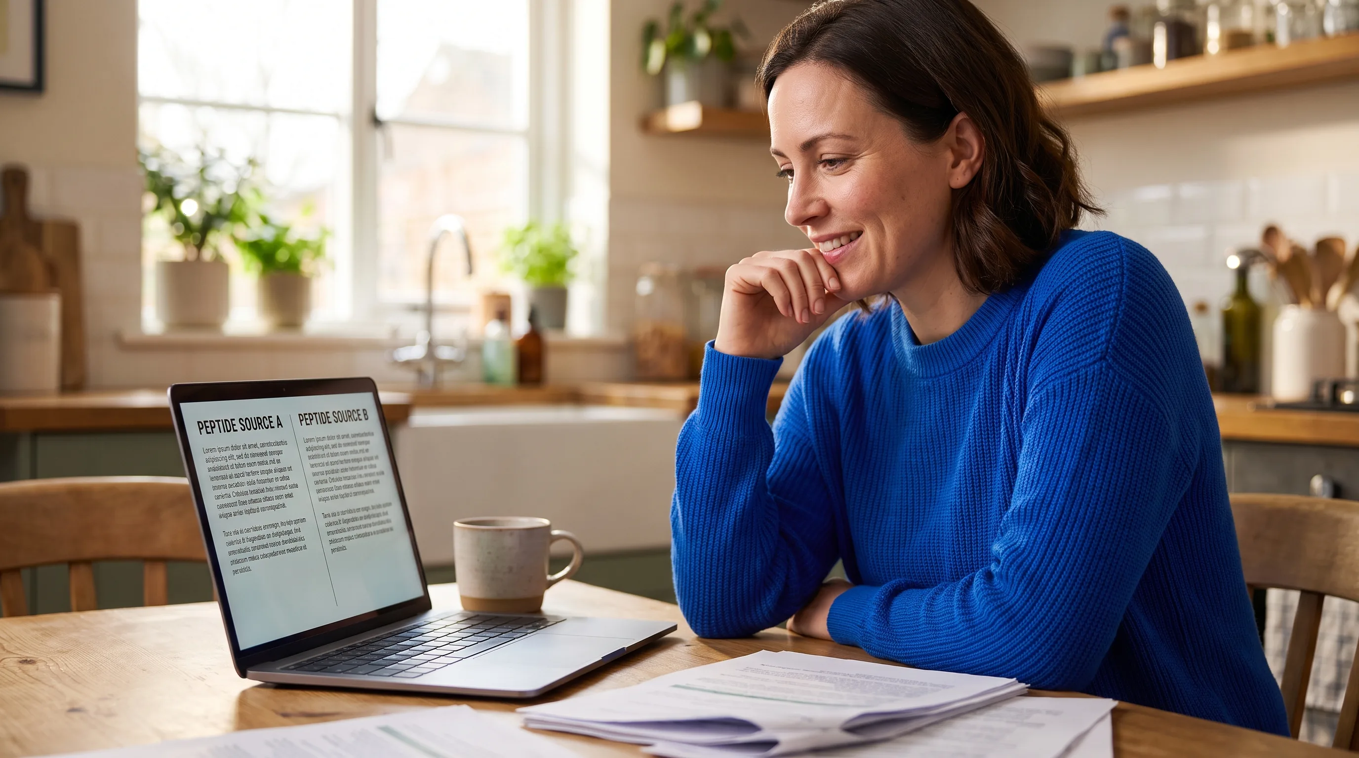 A thoughtful woman in her 30s sits at a kitchen table with a laptop, reading carefully as she compares two peptide sources, calm and unhurried in soft natural light