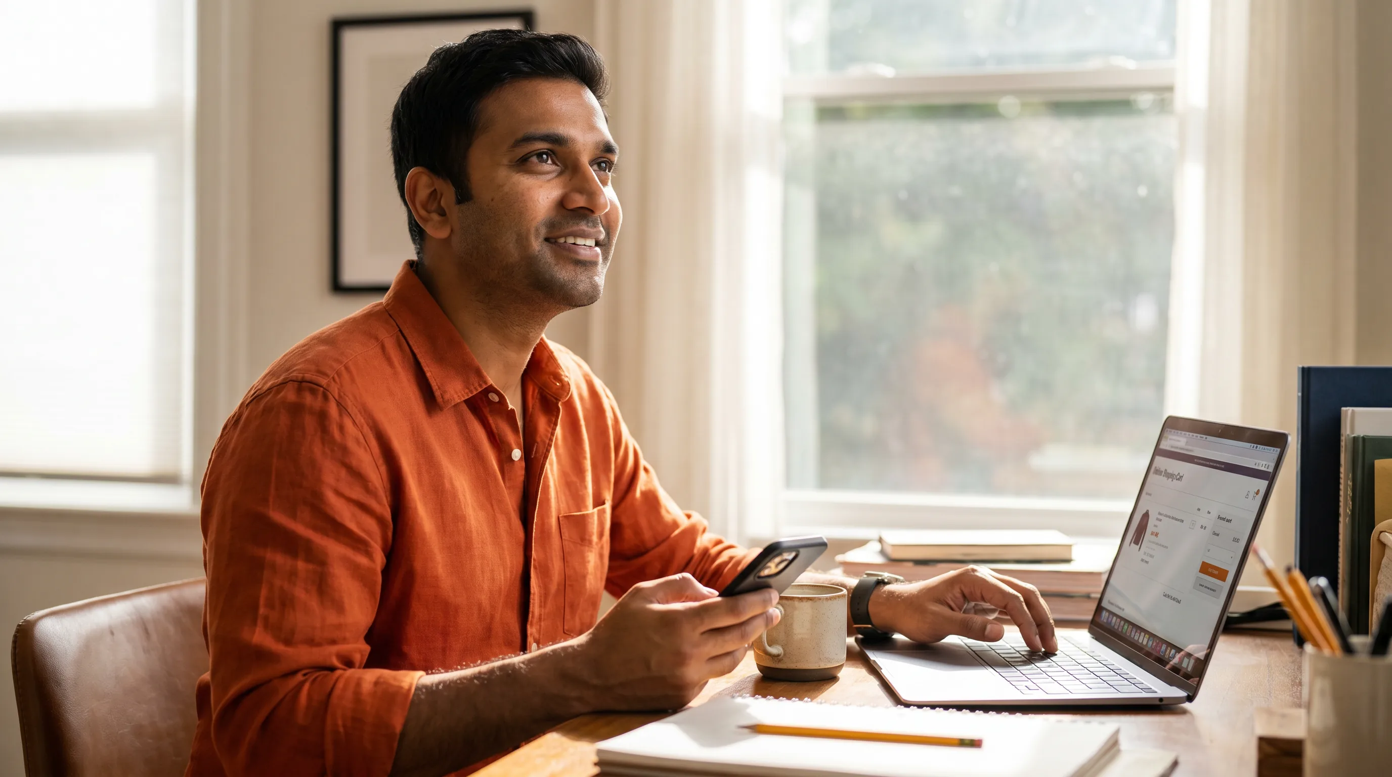 A man in his 30s pauses at his desk with a coffee and his phone, thinking it through before he buys rather than clicking checkout, calm morning light