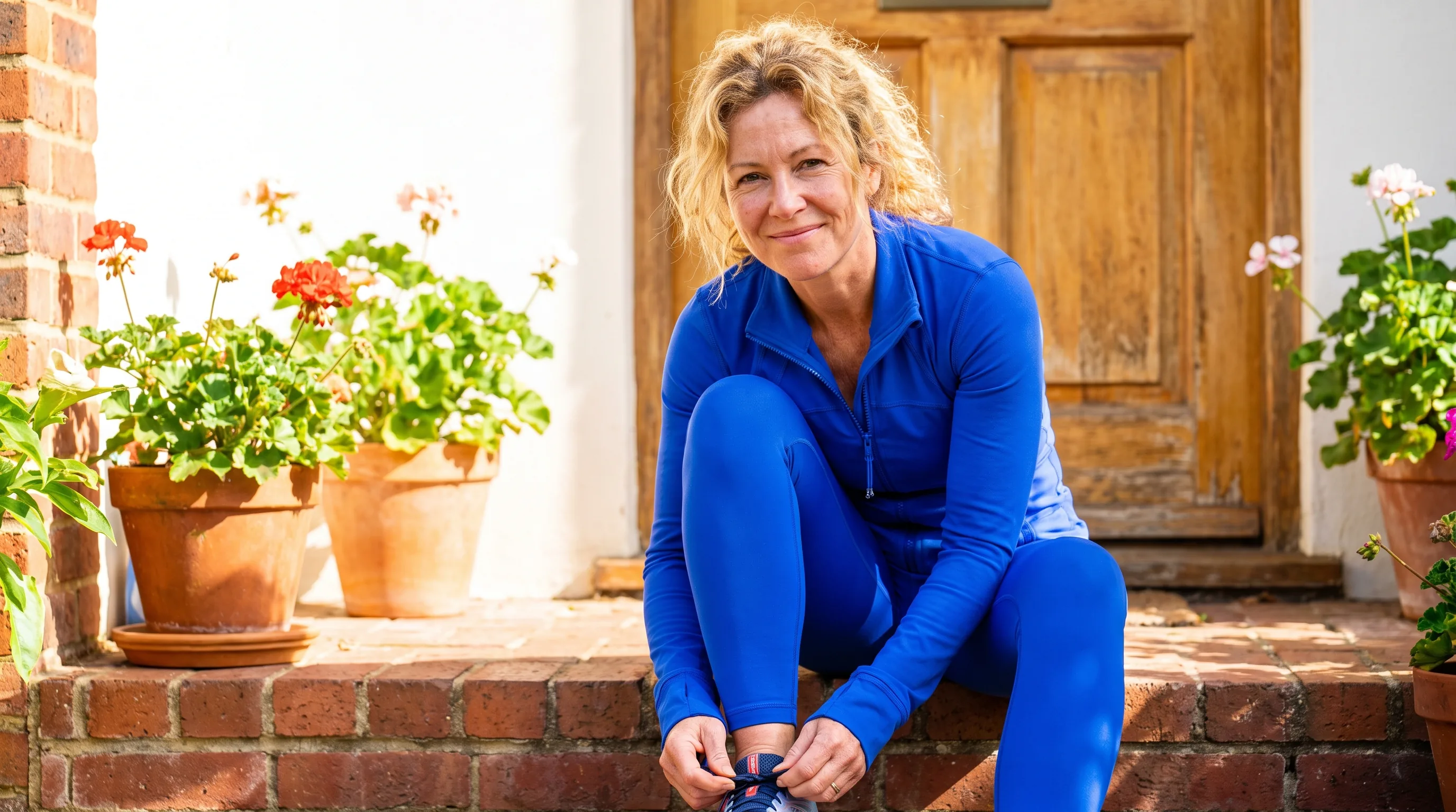 A woman in her forties in workout clothes lacing up her shoes on a bright doorstep before a morning walk, calm and energized