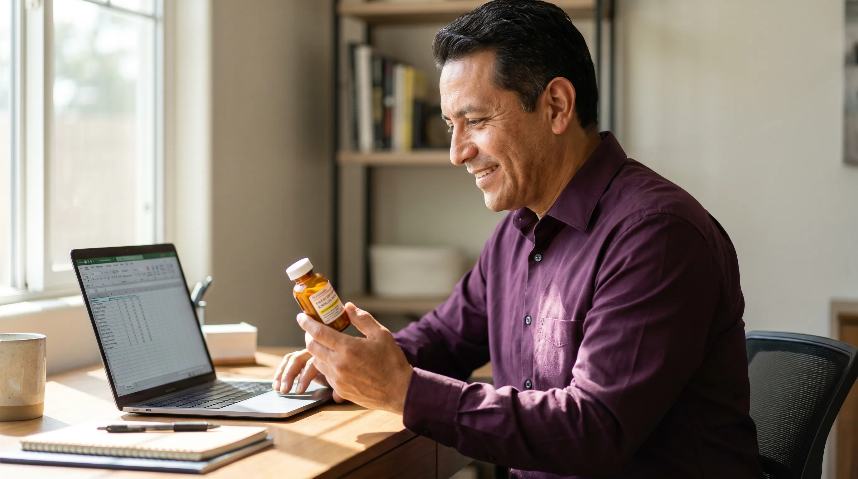A thoughtful man in his forties comparing a compounded medicine label against notes on his laptop at a tidy desk, a calm and careful research moment