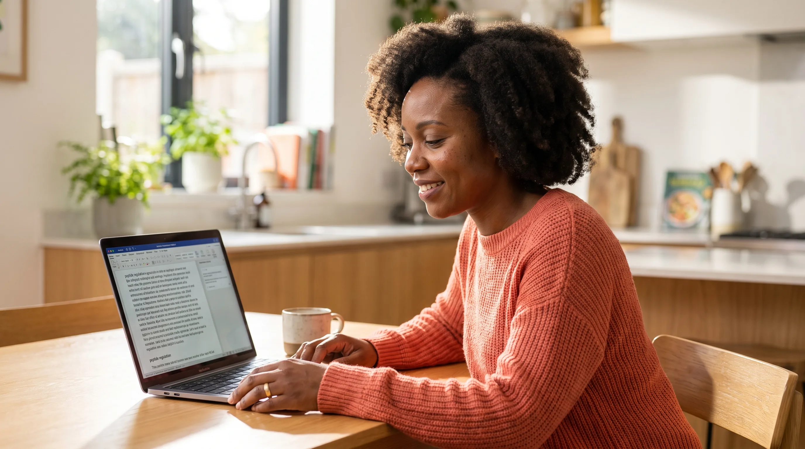 A thoughtful woman in her late thirties reading about peptide regulation on a laptop at a clean, sunlit kitchen table, a calm and considered moment