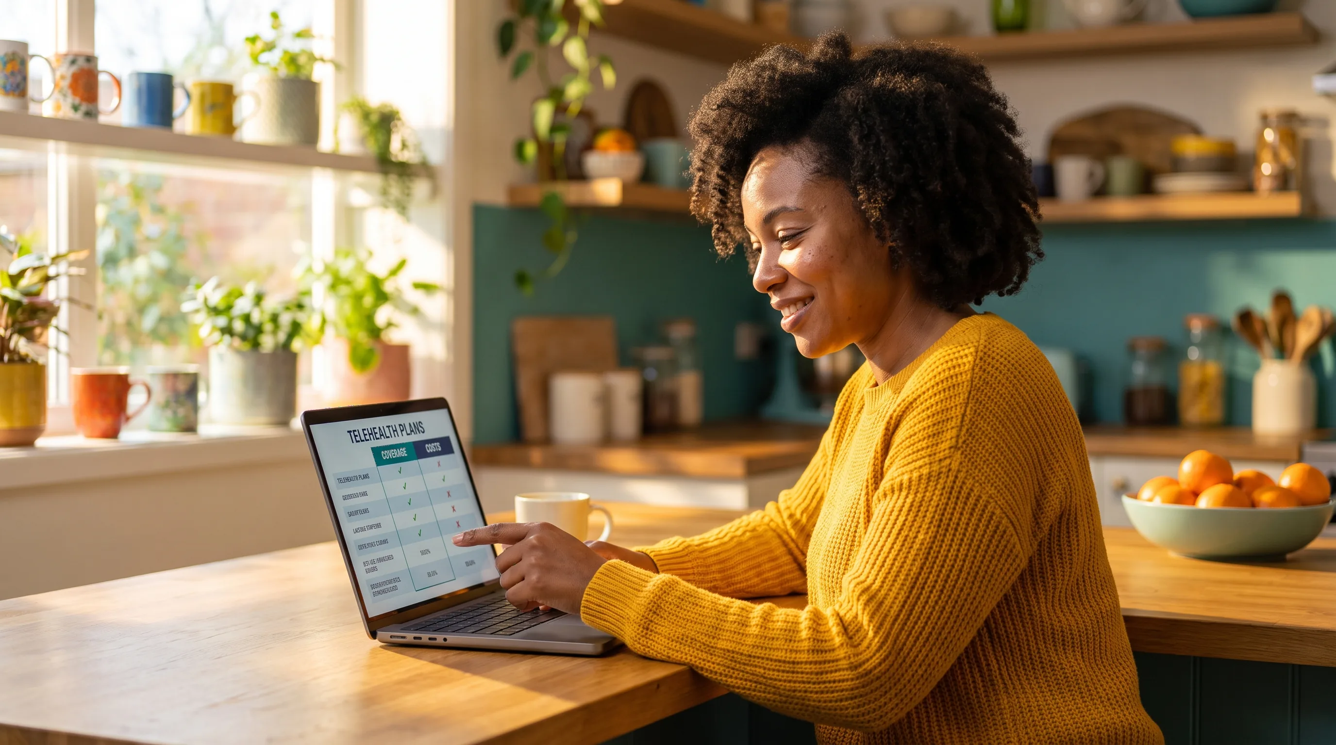 A cheerful, healthy woman in a sunlit kitchen smiling as she compares telehealth plans on her laptop, warm and colorful
